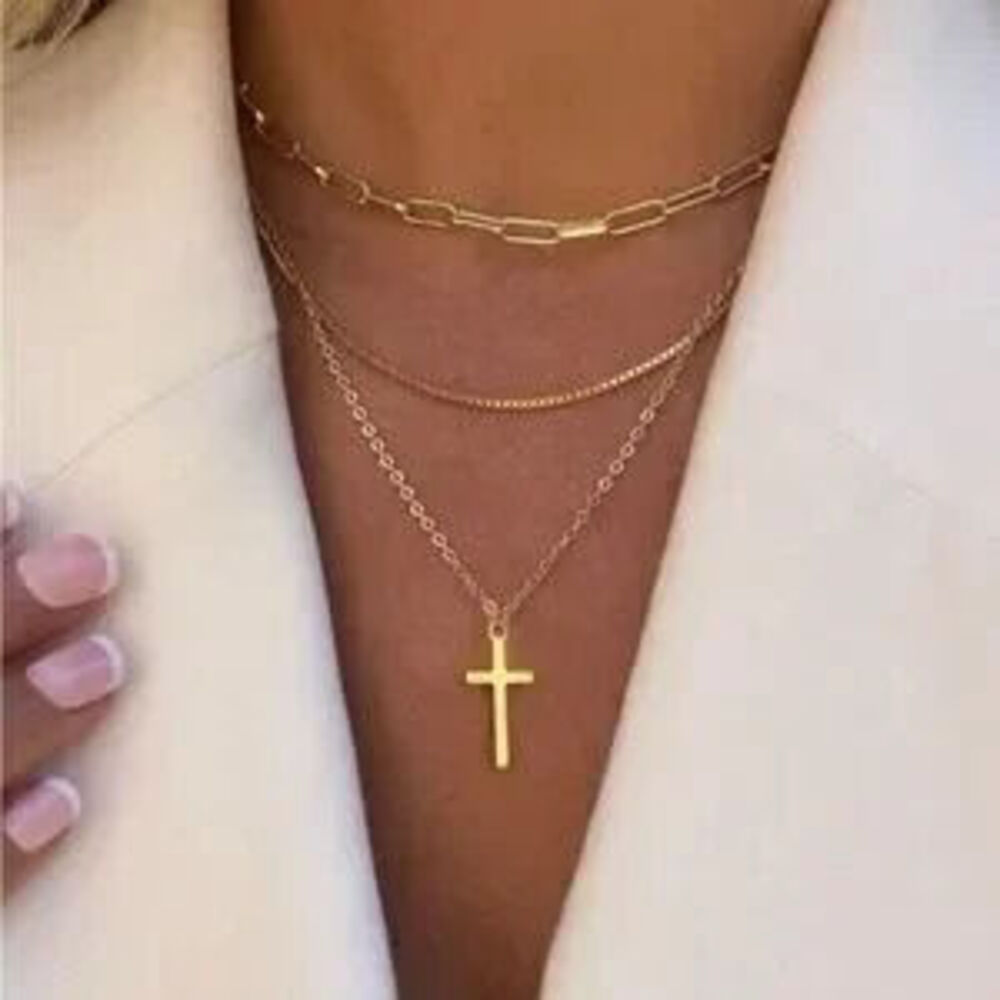 Gold 3pc Cross Chain Necklace Set